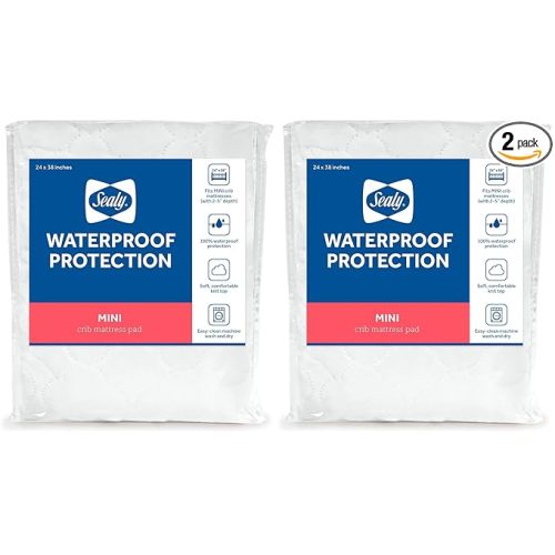 Sealy Baby Mini Fitted Waterproof Infant Portable Crib Mattress Protector Pad Cover, Durable and Comfortable Topper for Newborns and Toddlers, Machine Washable and Dryer Friendly, 38” x 24”- White
