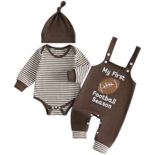 My First Football Season Baby Boy Outfit Striped Romper Overalls Pants Set