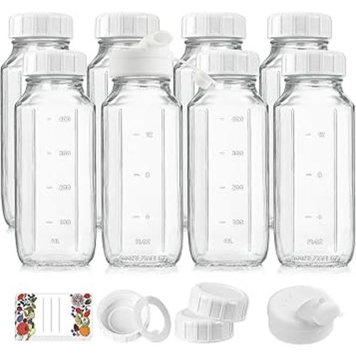 8 Pack 16 Oz Reusable Glass Milk Bottles w 100% Airtight Heavy Duty SCREW Lid & 2 Pour Spouts - Glass Juice Bottles w Capacity Mark - Beverage Drinking Jar Juice Container Breast Milk(Extra 2 Lids)