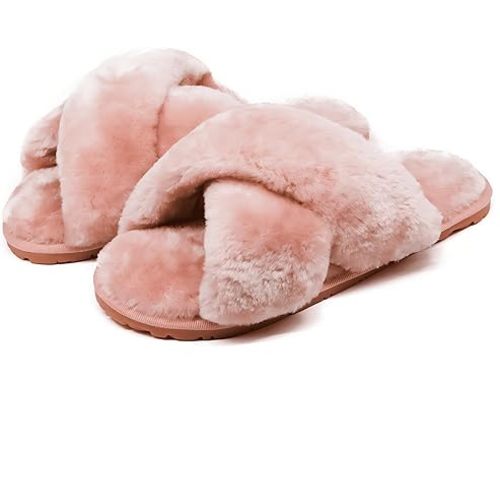 Crazy Lady Women's Fuzzy Fluffy House Slippers Cute Plush Memory Foam Shoes Cross Band Indoor Outdoor Open Toe Sandals