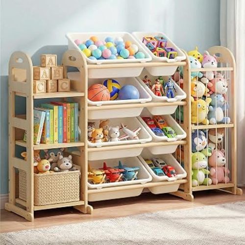 Wooden Toy Storage Organizer, Toy Organizers & Storage with Stuffed Animal Storage, Toy Storage Shelf with 3 Shelves, 8 Storage Bins, Kids Bookshelf, Toy Holder for Toddler Rooms, Playrooms, Bedrooms