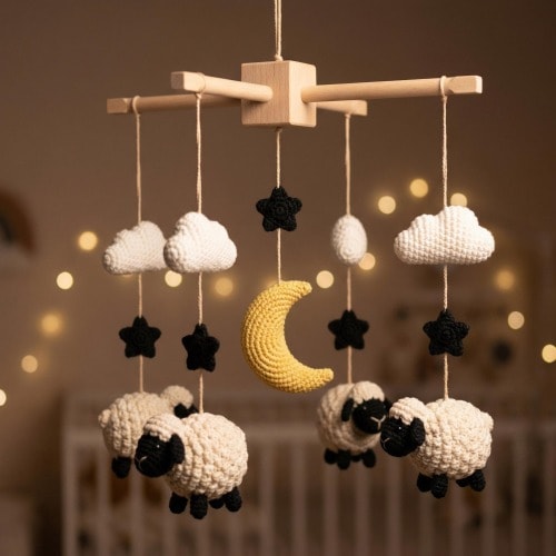 Sleepy Lamb Baby Mobile, Crochet Night Theme Nursery Decor, Counting Sheep Baby Mobile, Lamb Moon Star Nursery, Night Sleep Baby Decor