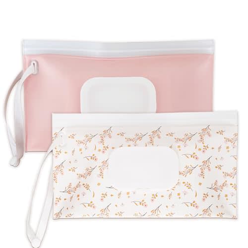 Baby wipes dispenser，portable baby wipes holder for outdoor, Refillable baby wipes container, on the go wet wipe pouch for travel, resuable wipes dispenser for hiking (pink)