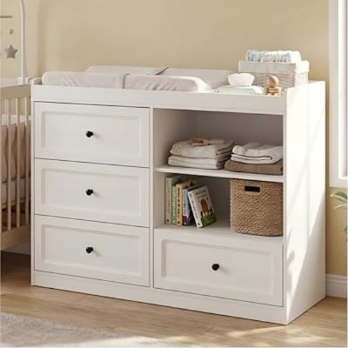 Changing Table Dresser, Baby Dresser with Changing Table Top, Nursery Dresser with 4 Drawers & Adjustable Shlef, Diaper Changing Station for Baby Room, White