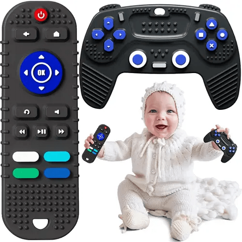 2 Pack Remote Control and Game Controller Teething Toys for Baby 3 Months and Up, Chew Toys for Boys and Girls Gifts (Black)
