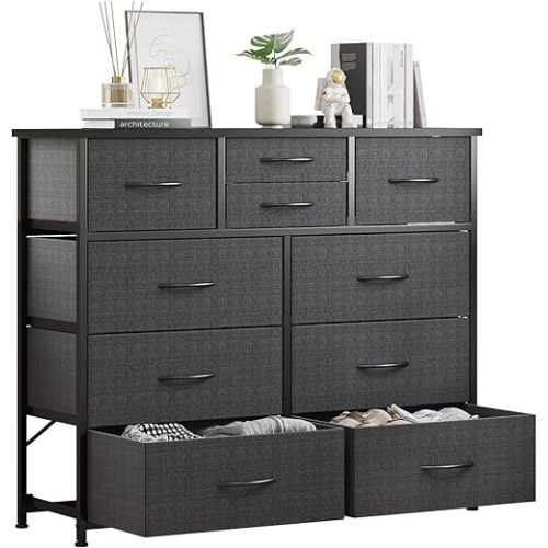 LUMTOK 10-Drawer Dresser, Fabric Storage Dressers for Bedroom, Hallway, Nursery, Closets, Steel Frame, Wood Top, Easy Pull Handle (Grey)