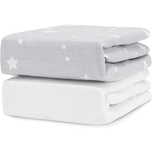 Newton Baby Organic Fitted Crib Sheet (2-Pack) - 100% Breathable and Ultra-Soft, 100% Organic Muslin Cotton, Stardust Print in Twilight Grey + Solid White, Fits All Standard Cribs