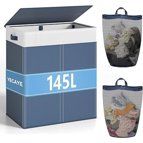 YECAYE 145L Double Laundry Hamper with Lid for Home, Dual Compartments hamper with Removable Bags, 2 Section Foldable Cloths Basket with lid, Double Cloths Basket with Color-Block Design
