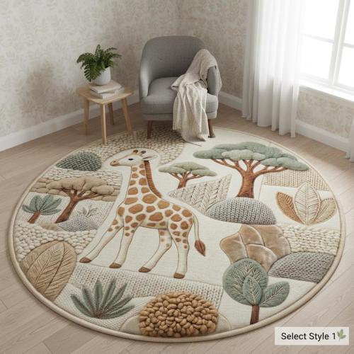 Woodland Nursery Rug, Safari Animal Round Mat, Faux Knit Pattern Carpet, Patchwork Look Rug