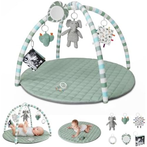 Blissful Diary Baby Play Gym Mat, Play Mat Activity Mat with 6 Detachable Toys for Stage-Based Sensory & Motor Skill Development, Easy to Install & Clean, Baby Essentials Gift, Sage Green