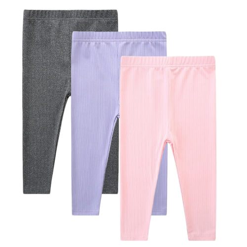 3 Pack Baby Girl Pants Set Solid Ribbed Toddler Girls Leggings for Infant Stretchy Fall Clothes