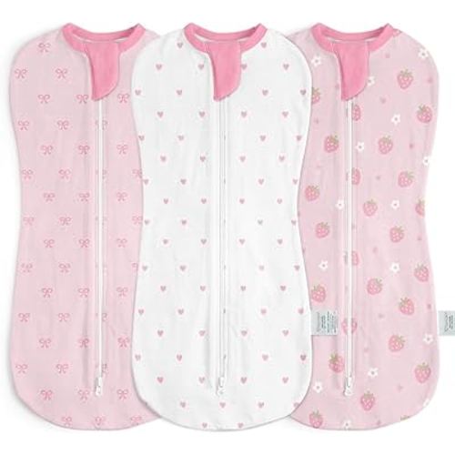 Baby Swaddle 0-2 Months, Cotton Arm-In Zipper Sleep Sack, Wearable Blankets Wrap for Newborn Infant Girls (Bow, Heart, Strawberry, Pack of 3)