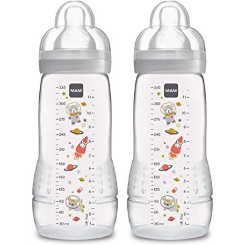 MAM Easy Active Baby Bottles 11oz, Fast Flow Skinsoft Silicone Nipple with Wide Neck Ergonomic Design, Easy to Hold, BPA-Free, Bottles with Leak-Proof Caps for 4+ Months Baby