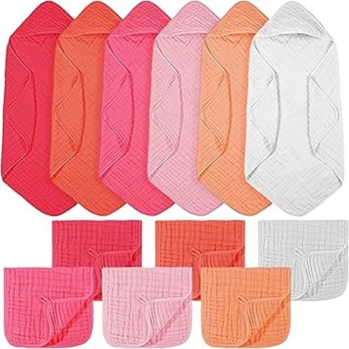 VitalCozy 12 Pcs Baby Muslin Hooded Bath Towels and Washcloths, Muslin Hooded Baby Towels Absorbent Blankets for Gift Newborn Infant Shower (Vibrant Colors)