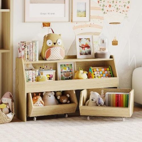 BALHAM TRADE-Kids Toy Storage Organizer - Drawers Cabinet Shelf Bookcase for Nursery Playroom Burlywood 11.7"D x 40.2"W x 23.7"H