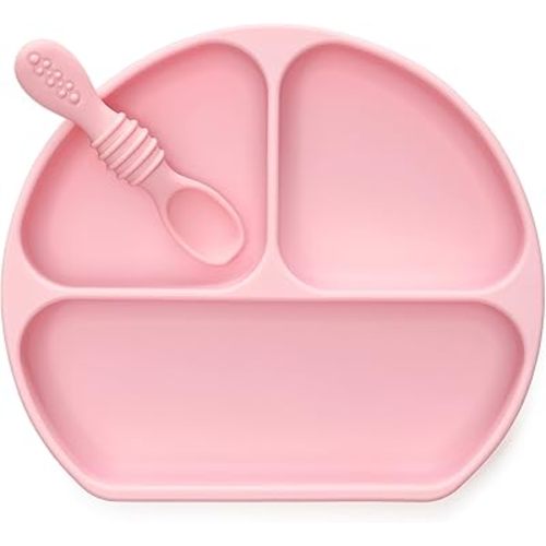 PrimaStella Unbreakable Silicone Non-Slip Baby & Toddler Plate and Spoon Feeding Set - Pink