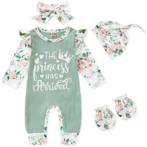 GRNSHTS Newborn Baby Girl Romper Infant Letter Print Jumpsuit Floral Bodysuit+Hat+Headband+Gloves Coming Home Clothes Outfits