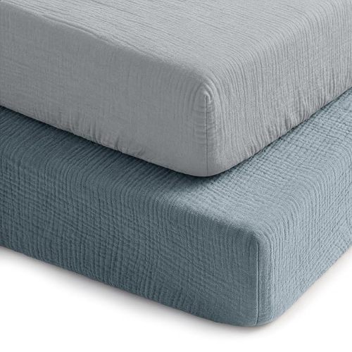 Comfy Cubs 100% Muslin Crib Fitted Sheet 2 Pack, Pacific Blue and Heather - 100% Cotton, Soft & Breathable Crib Sheets for Toddler Mattress - Snug Fit, Secure Elastic with Beautiful Packaging