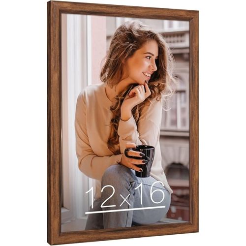 12x16 Picture Frame Brown Wood, Rustic Natural 16x12in Woodgrain Frame, Distressed Brown 12 x 16 inch Gallery Wall Photo Poster Frame with HD Plexiglass, Horizontal Vertical Wall Mounting Display 1pcs