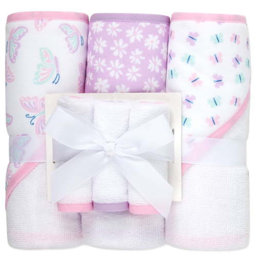 Jessica Simpson Baby 6-Piece Hooded Towel & Washcloth Set – Soft Polyester Baby Bath Towels – Pink & Green Floral Design (Purple Floral Butterflies)