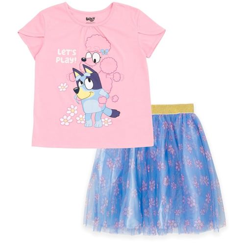 Bluey Floral Birthday T-Shirt and Mesh Tulle Skirt Outfit Set Infant to Big Kid Sizes (12 Months - 10-12)