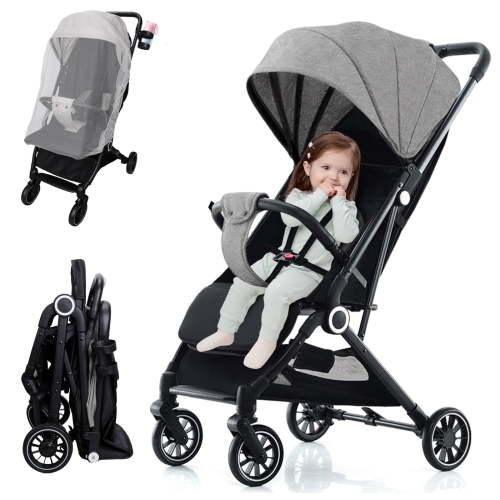 RICHYOUNG Folding Baby Stroller with Mosquito Net,Storage Basket,Adjustable Backrest/Canopy,Cup Holder(Gray)