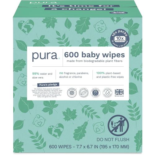 Pura Natural Sensitive Baby Wipes, 99% Water, Unscented & Hypoallergenic, Suitable for Sensitive & Eczema-prone Skin, Hypoallergenic, EWG Verified, 10 Pack of 60 Wet Wipes (600 Diaper Wipes) Bulk Buy