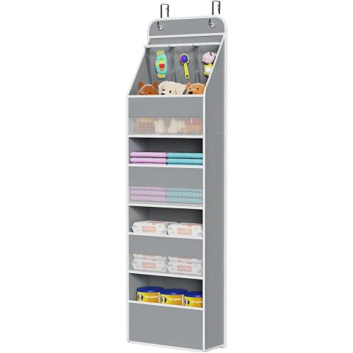 Univivi 5-Shelf Fabric Door Storage Over Door Hanging Organizer with 4 Large Pockets and 3 Small PVC Pockets Nursery Closet Cabinet Wall Mount Hanging Storage Organizers for Baby Nursery (Grey)