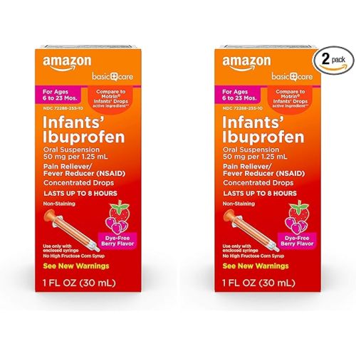 Amazon Basic Care Infants’ Ibuprofen Oral Suspension, 50 mg/1.25 mL, Berry Flavor Concentrated Drops, Dye-Free, 1 fl oz (Pack of 2)