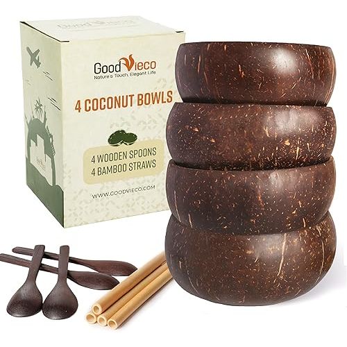 Coconut Bowl Set (4, Polished) – Natural Coconut Shell Bowls with Bamboo Straws & Wooden Spoons – Eco Friendly Gifts for Vegan, Smoothie, Acai, Buddha, Yogurt & Sustainable Meals
