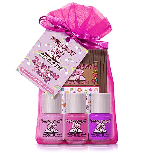 Piggy Paint | 100% Non-Toxic Girls Nail Polish | Safe, Cruelty-free, Vegan, & Low Odor for Kids | Rainbow Party (3 Polish + Nail Art Gift Set)