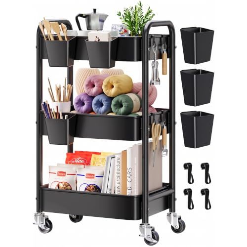 3 Tier Rolling Cart Metal with Wheels, Black Three Tiered Art Cart Organizer on Wheels, Storage Utility Trolley Carts for Kithcen, Craft, Nail, Lash, Makeup, Salon,Bedside, Bathroom, Office, Snack
