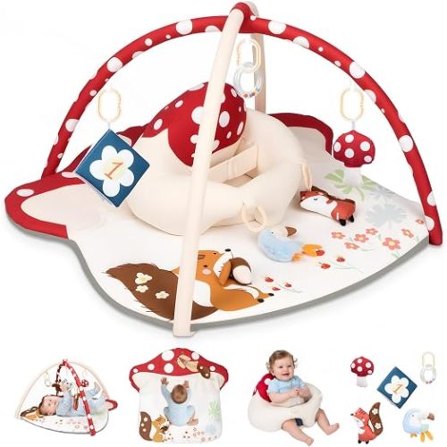 3-in-1 Baby Play Mat & Baby Seats for Infants for Sitting Up, Tummy Time Gym Activity Mat with 5 Detachable Toys, for Babies 0-6-12-18 Months, Newborn Babies Shower Gifts(Red)