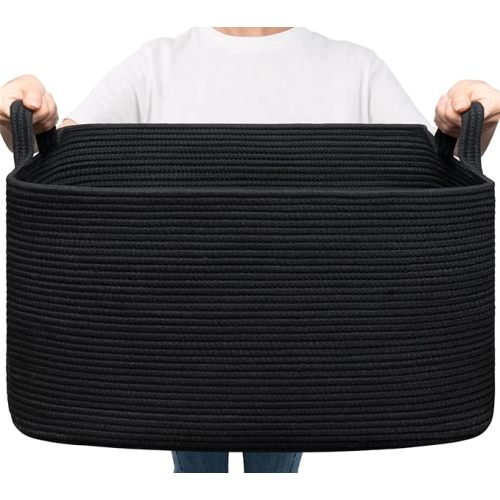 Goodpick Large Woven Blanket Basket, 21.6" x 14.9" x 11.8" Storage Baskets for Organizing, Rectangle Cotton Rope Toy Basket for Living Room, Bedroom, White & Brown