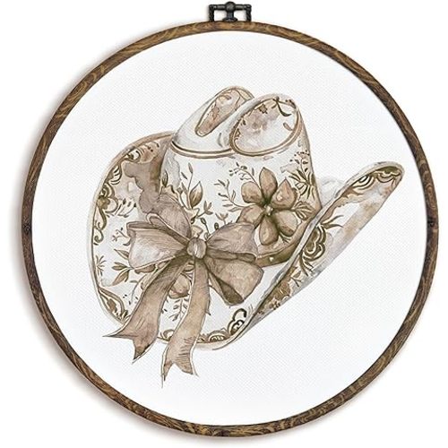 KFXHANGD Coquette Western Cowgirl Hat Round Wall Art Framed, Vintage Cowgirl Canvas Wall Art Decor, Bgige Preppy Western Hanging Decor for Bedroom Living room, 10x10inch