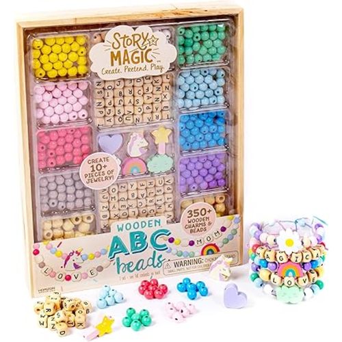 Story Magic Wooden ABC Beads by Horizon Group USA, Premium Wood Jewelry Making Kit, Makes 10+ Pieces of Jewelry, Over 350 Wooden Beads & Charms