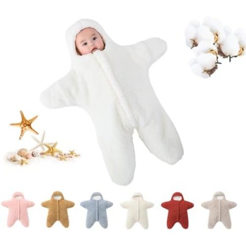 Baby Starfish Onesie, Thick Imitation Fleece Starfish Newborn Romper, Infant Footie Jumpsuit Winter Warm Outfits(White,0-2 Months)