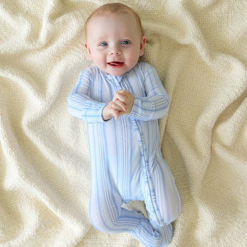 Stripe Blue Long Sleeve Richie Footie Zippered One Piece | Posh Peanut®
