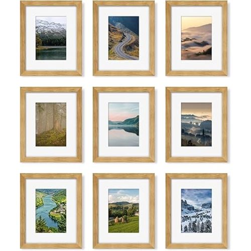 8x10 Picture Frame Set of 9, Display Pictures 5x7 with Mat or 8 x 10 Without Mat, Multi Photo Frames for Wall Mounting or Table Top Display, Natural Oak
