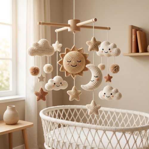 Handmade Sun Moon Baby Mobile, Crochet Crib Mobile With Clouds & Stars, Pastel Nursery Decor, Amigurumi Baby Gift