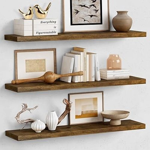 Forbena 36 Inch Floating Shelves for Wall Long Set of 3, Large Deep Wall Shelves for Bedroom Living Room Decor, Rustic Wood Floating Shelf for Kitchen Closet Office TV Plants Books (Dark Brown)