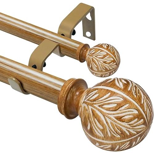Wood Double Curtain Rods for Windows 48 to 84 inches:Farmhouse Decorative Metal Double Curtain Rod for Bedroom Living Room,Heavy-Duty Adjustable Rustic Drapery Rods with Imitation Wood Grain Finials