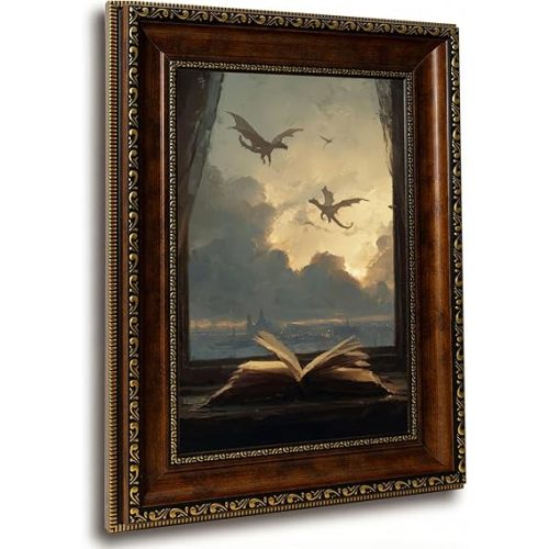 Framed Book Canvas Wall Art Vintage Dark Academia Open Book Print Gothic Aesthetic Library Wall Decor for Bedroom Study Living Room 12x16in Ready to Hang