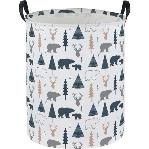ESSME Kids Laundry Basket,Bear Hamper Collapsible Canvas Waterproof Storage Bin forBoys, Woodland Hamper,Gift Baskets(Bear)