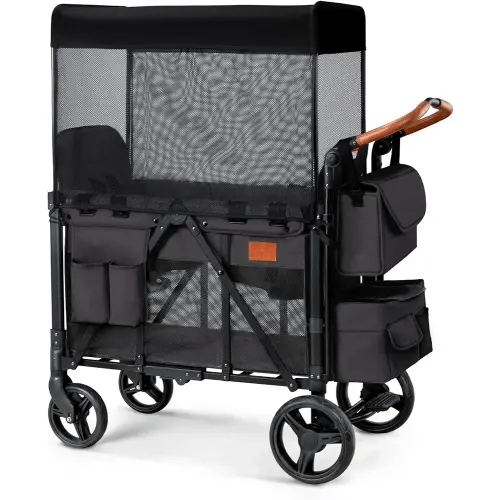 Wagon Stroller for 2 Kids, High Seat & 5 Point Harness, Foldable All-Terrain Wagon for Toddler with Canopy, Parent Organizer, Shoulder Bag, Adjustable Handlebar, Ultimate Double (Black)