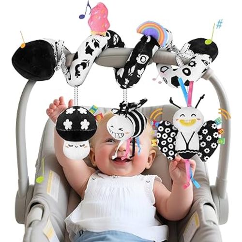 Spiral Car Seat Toys for Babies, 0-6 Months Stroller Pram Activity Hanging Toys High Contrast Black and White Sensory Toy, Newborn Soft Plush Travel Toy for Newborn Boys Girls Gift