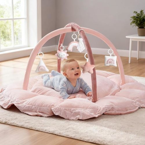 Mallify 5-in-1 Thick Plush Baby Play Gym Mat, Tummy Time Mat with 6 Sensory Toys, Baby Play Mat, Convertible Baby Gym for Stage-Based Development from Babies to Toddlers, Baby Essentials Gift, Pink