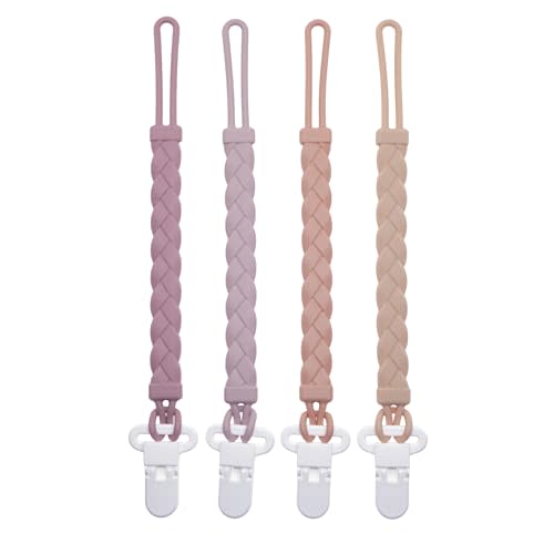 Sutoyuen Silicone Pacifier Clips Baby Boys Girls, 4-Pack Flexible Woven Rope Braided Pacifier Clip Holder for Teething Relief and Baby Essentials, Newborn Paci Binky Clips (Girl's Color)