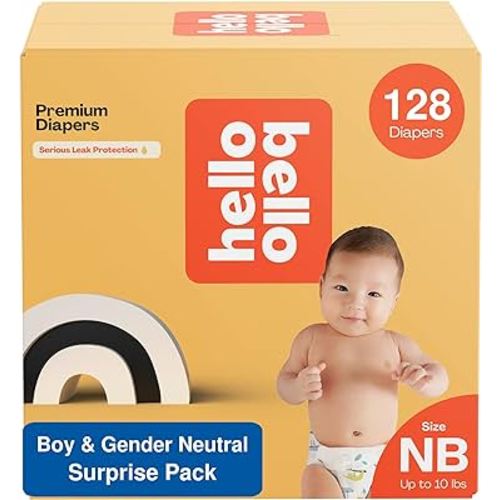 Hello Bello Premium Diapers Size Newborn I 128 Count of Disposable, Extra-Absorbent, Hypoallergenic, and Eco-Friendly Baby Diapers with Snug and Comfort Fit I Surprise Boy & Gender Neutral Patterns