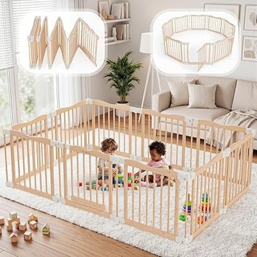 Foldable Wooden Playpen - Adjustable Wood Baby Play Yard with Door, Indoor Large Safety Fence for Babies and Toddlers - Easy Assembly, 83 x 55 x 24 inches, Nature Nest